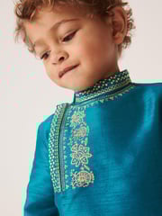 Teal Blue/Gold Regular Length Embroidered Boys Kurta (3mths-7yrs) - Image 4 of 7