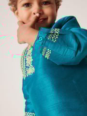 Teal Blue/Gold Regular Length Embroidered Boys Kurta (3mths-7yrs) - Image 5 of 7