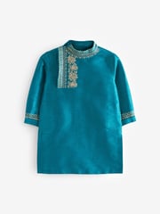 Teal Blue/Gold Regular Length Embroidered Boys Kurta (3mths-7yrs) - Image 6 of 7