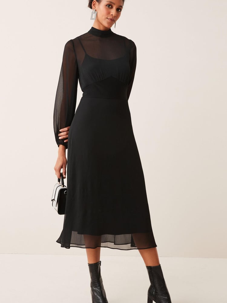 Black Long Sleeve High Neck Sheer Layer Midi Dress - Image 1 of 5