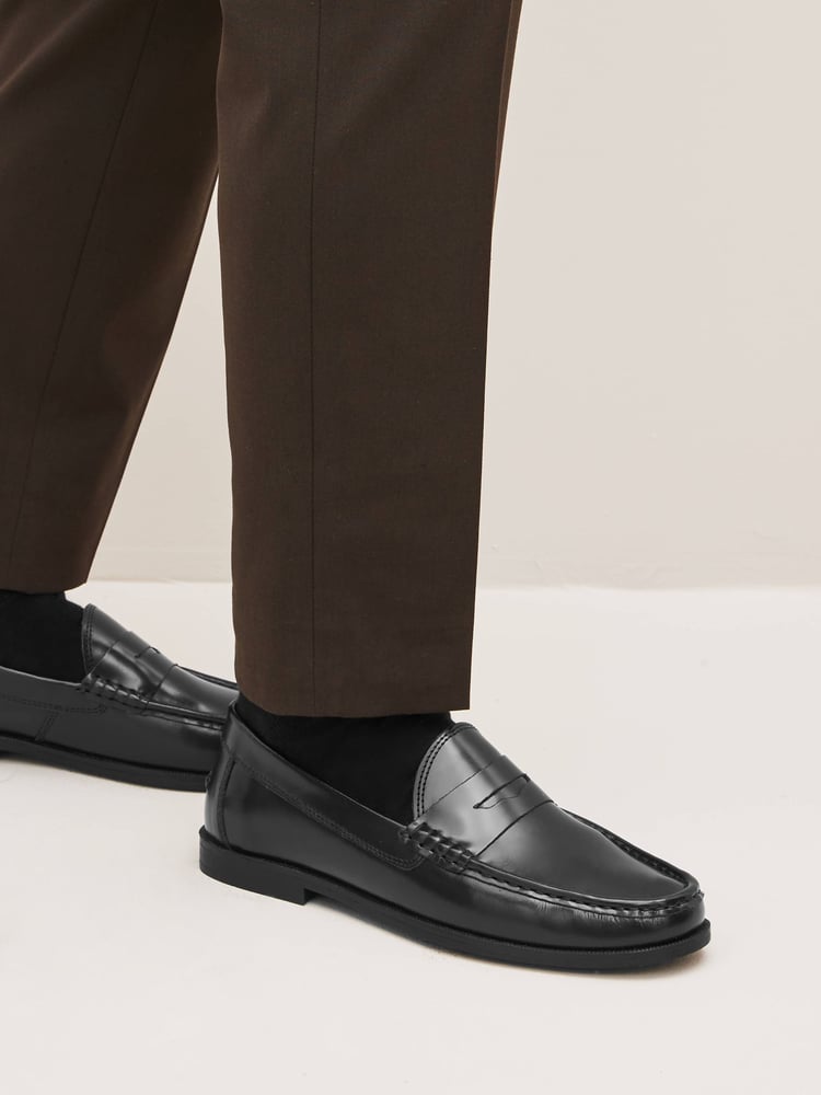 Black Regular Fit Leather Penny Loafers - Image 1 of 6