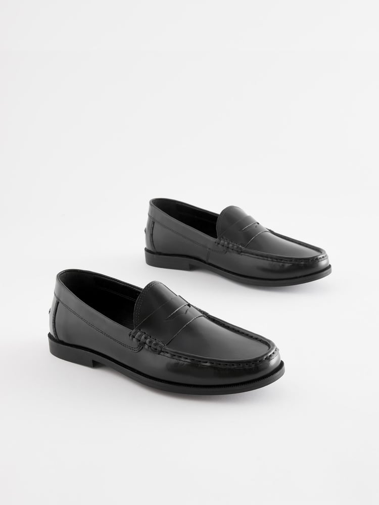 Black Regular Fit Leather Penny Loafers - Image 2 of 6