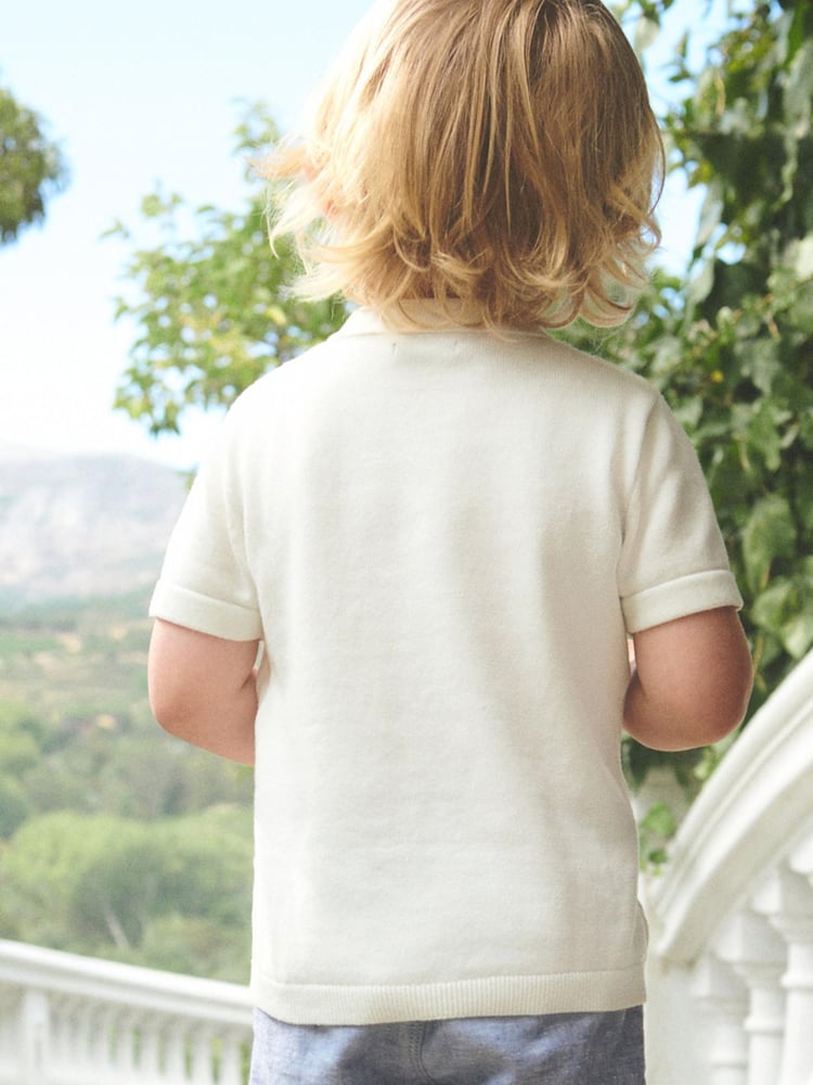 White Knitted Short Sleeve Textured Zip Neck Polo Shirt (3mths-7yrs) - Image 2 of 5