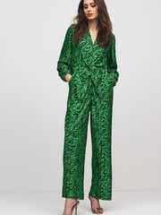 Green Zebra Print Long Sleeve Plissé Jumpsuit - Image 1 of 5
