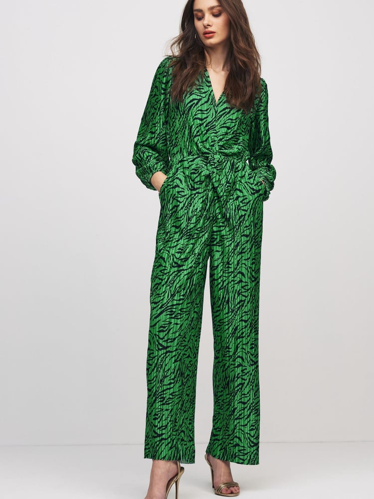 Green Zebra Print Long Sleeve Plissé Jumpsuit - Image 1 of 5