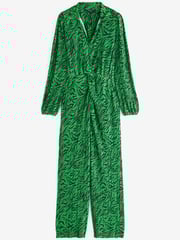 Green Zebra Print Long Sleeve Plissé Jumpsuit - Image 5 of 5
