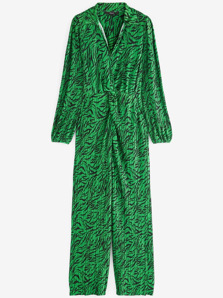 Green Zebra Print Long Sleeve Plissé Jumpsuit - Image 5 of 5