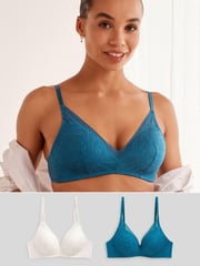 Teal Blue/Cream Pad Non Wire Lace Detail Bras 2 Pack - Image 1 of 12