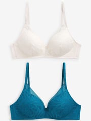 Teal Blue/Cream Pad Non Wire Lace Detail Bras 2 Pack - Image 10 of 12