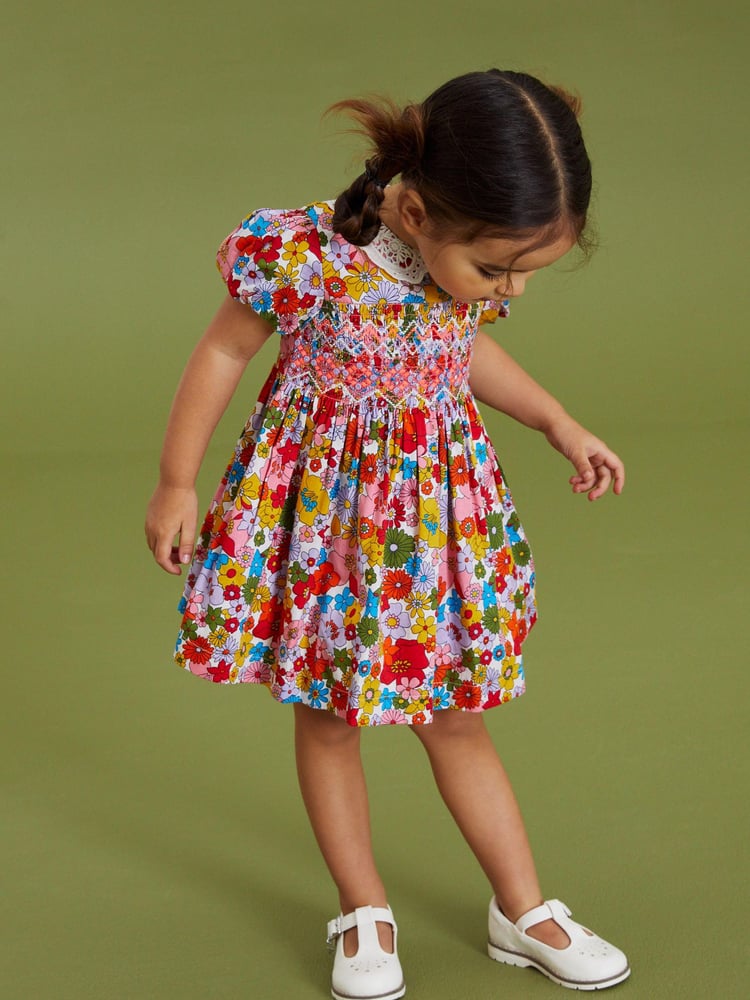 Multi Bright Retro Printed Lace Collar Shirred Cotton Dress (3mths-8yrs) - Image 2 of 6