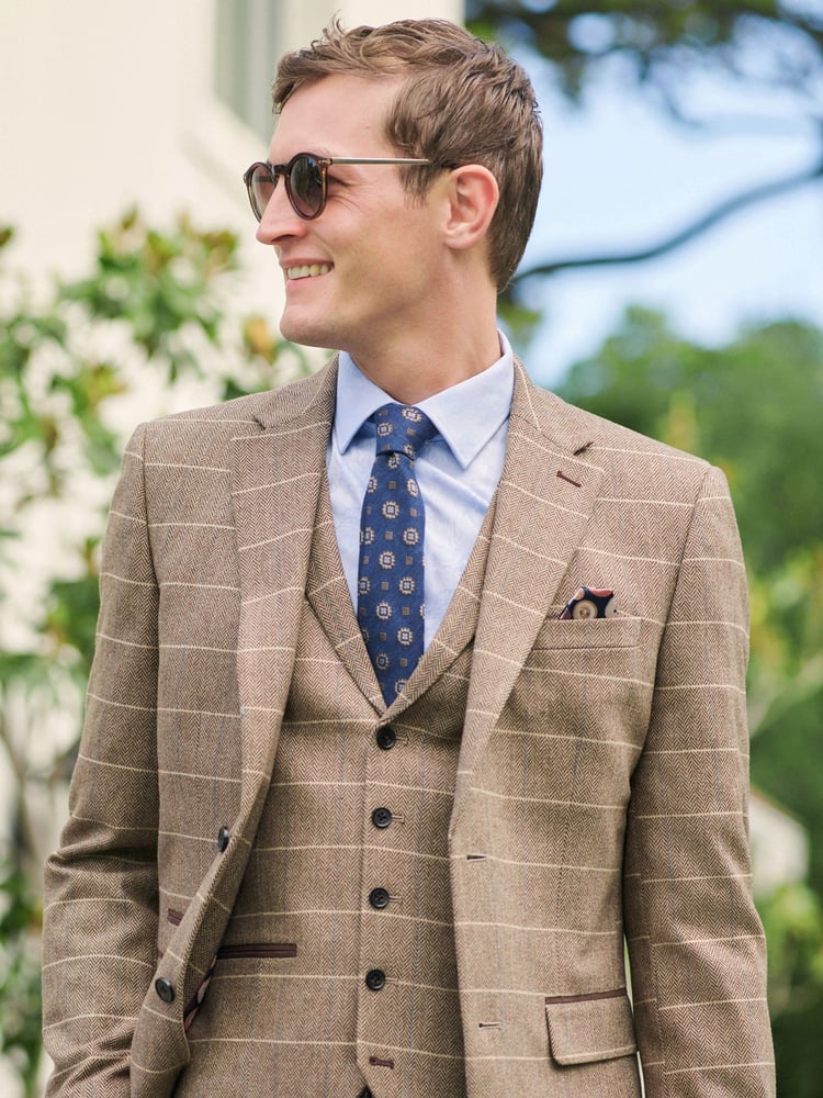 Neutral Skinny Wool Blend Check Suit Jacket - Image 1 of 11