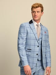 Blue Slim Wool Blend Check Suit Jacket - Image 1 of 8