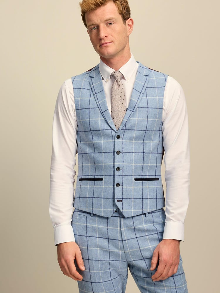 Blue Wool Blend Check Suit Waistcoat - Image 1 of 8 Blue Wool Blend Check Suit Waistcoat - Image 1 of 8