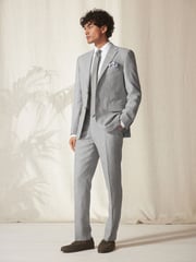 Light Grey Tailored Fit Linen Blend Suit: Trousers - Image 3 of 10