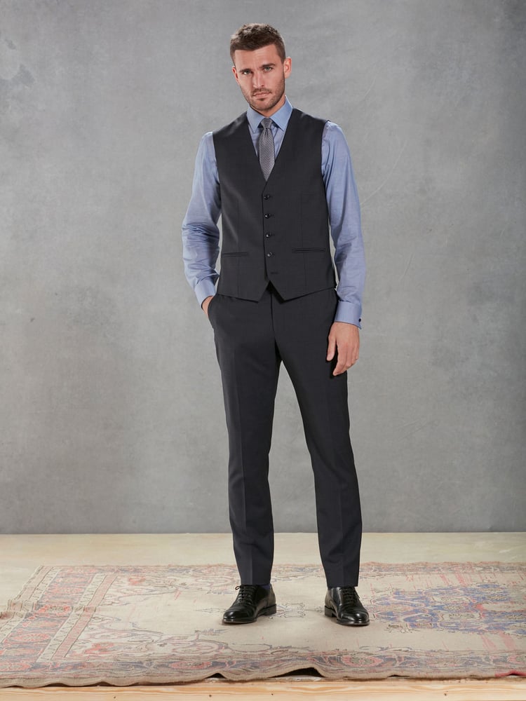 Navy Blue Slim Fit Signature Marzotto Italian Fabric Textured Suit Waistcoat - Image 2 of 10