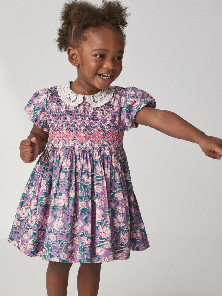 Lilac Purple Printed Lace Collar Shirred Cotton Dress (3mths-8yrs) - Image 1 of 6