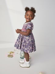 Lilac Purple Printed Lace Collar Shirred Cotton Dress (3mths-8yrs) - Image 2 of 6