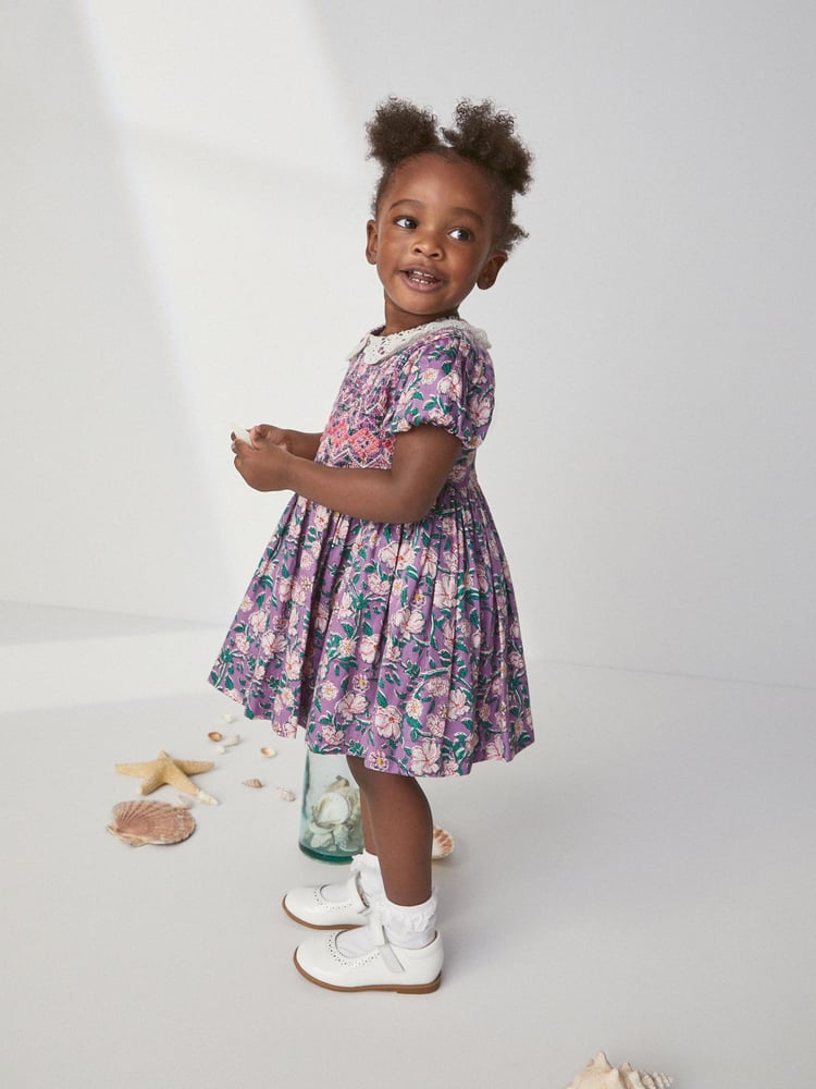 Lilac Purple Printed Lace Collar Shirred Cotton Dress (3mths-8yrs) - Image 2 of 6