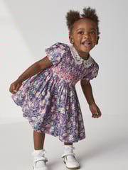 Lilac Purple Printed Lace Collar Shirred Cotton Dress (3mths-8yrs) - Image 3 of 6
