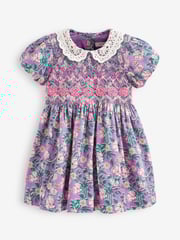 Lilac Purple Printed Lace Collar Shirred Cotton Dress (3mths-8yrs) - Image 5 of 6