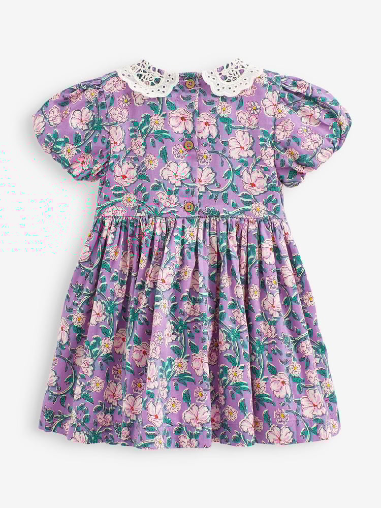 Lilac Purple Printed Lace Collar Shirred Cotton Dress (3mths-8yrs) - Image 6 of 6