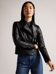 Ted Baker Black Ellaar Fitted Leather Biker Jacket - Image 1 of 5