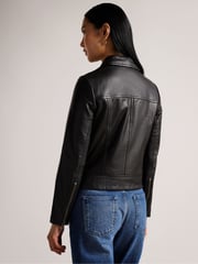 Ted Baker Black Ellaar Fitted Leather Biker Jacket - Image 2 of 5