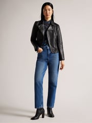 Ted Baker Black Ellaar Fitted Leather Biker Jacket - Image 3 of 5