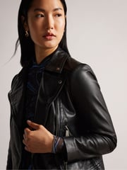 Ted Baker Black Ellaar Fitted Leather Biker Jacket - Image 4 of 5