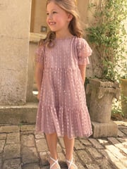 Pink Sparkle Mesh Short Sleeve Tiered Party Dress (3-16yrs) - Image 1 of 9
