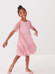 Pink Sparkle Mesh Short Sleeve Tiered Party Dress (3-16yrs) - Image 2 of 9