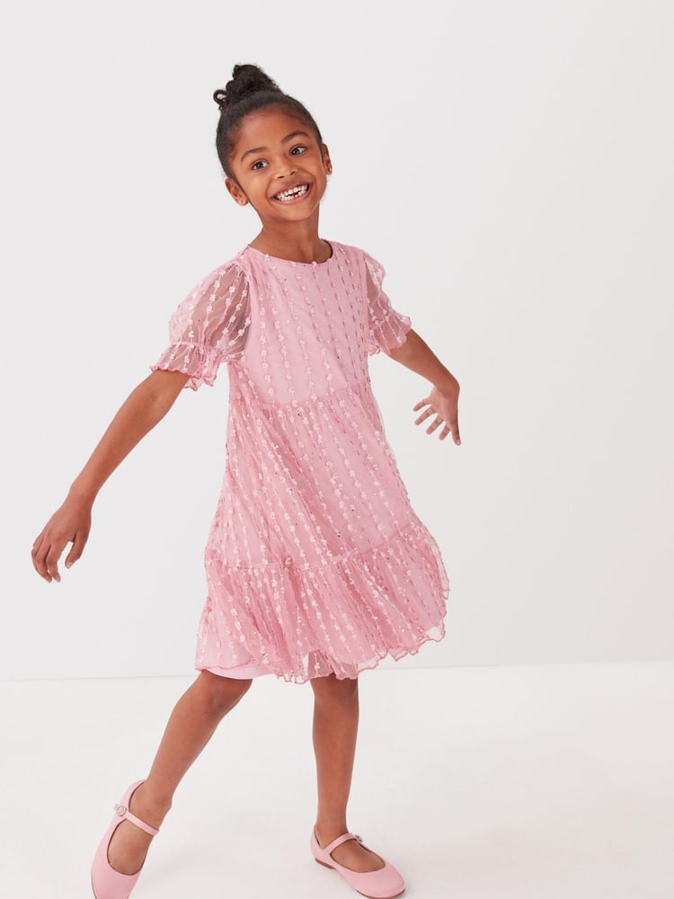 Pink Sparkle Mesh Short Sleeve Tiered Party Dress (3-16yrs) - Image 2 of 9