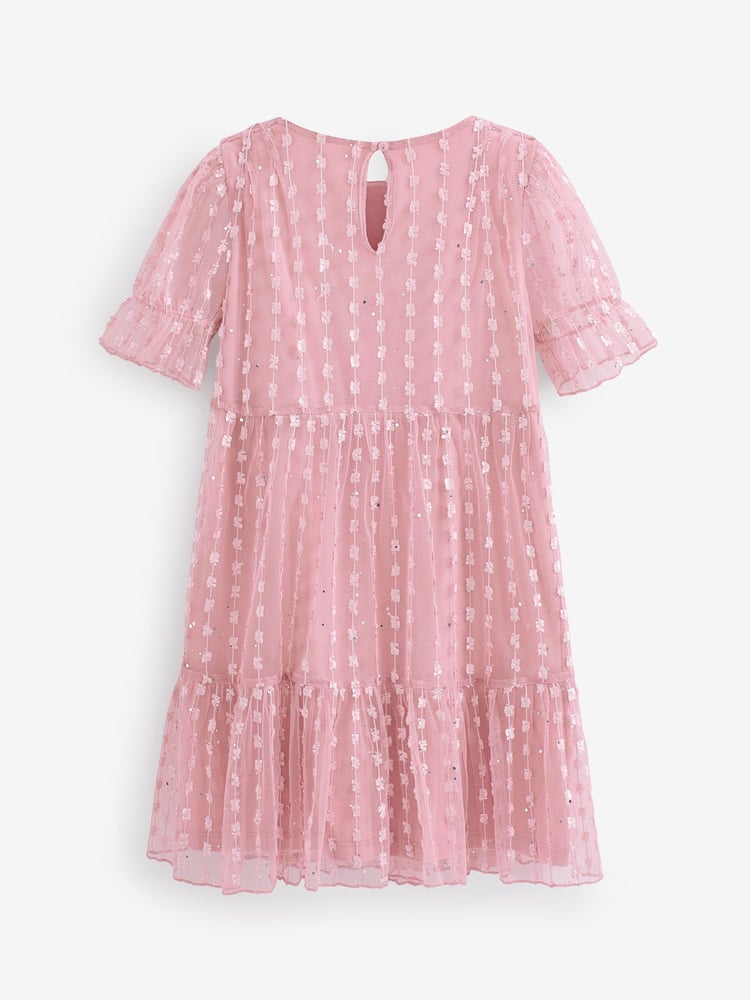 Pink Sparkle Mesh Short Sleeve Tiered Party Dress (3-16yrs) - Image 9 of 9