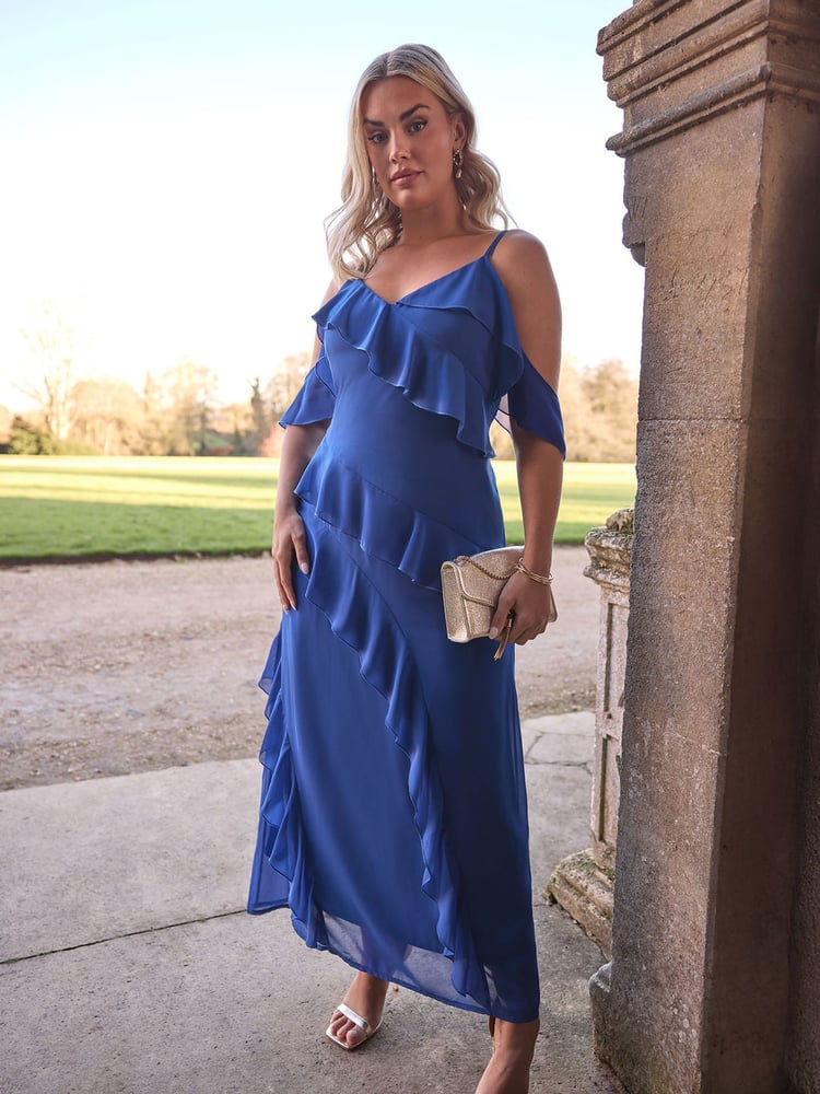 Yours Curve Blue London Ruffle Cold Shoulder Cami Dress - Image 1 of 6