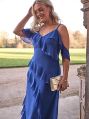 Yours Curve Blue London Ruffle Cold Shoulder Cami Dress - Image 2 of 6