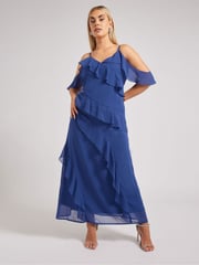 Yours Curve Blue London Ruffle Cold Shoulder Cami Dress - Image 4 of 6