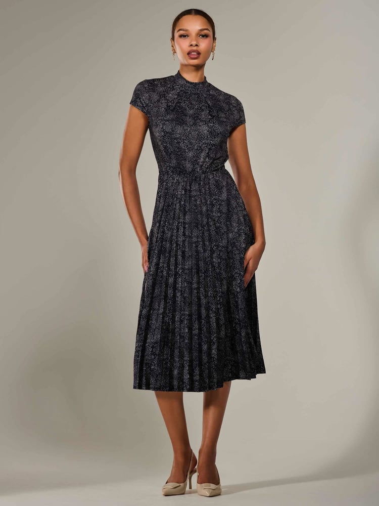 Jolie Moi Black Chrome Jersey Capped Sleeve Pleated Midi Dress - Image 1 of 6
