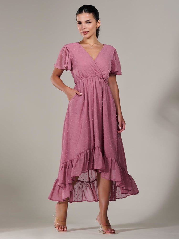 Jolie Moi Pink Petite Petite Long Sleeve Soft Silky Jersey Midi Dress - Image 1 of 6