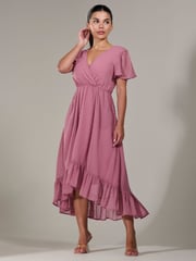 Jolie Moi Pink Petite Petite Long Sleeve Soft Silky Jersey Midi Dress - Image 4 of 6