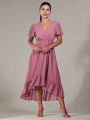 Jolie Moi Pink Petite Petite Long Sleeve Soft Silky Jersey Midi Dress - Image 5 of 6