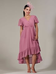 Jolie Moi Pink Petite Petite Long Sleeve Soft Silky Jersey Midi Dress - Image 6 of 6
