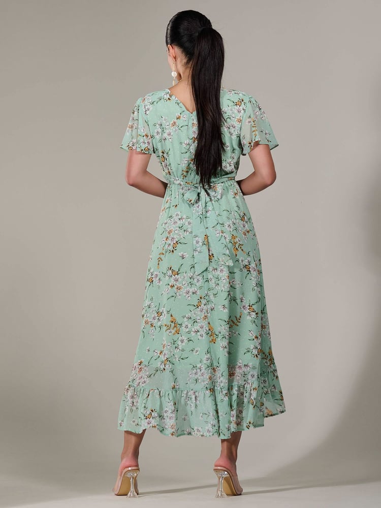 Jolie Moi Green Floral Petite Petite Long Sleeve Soft Silky Jersey Midi Dress - Image 2 of 6
