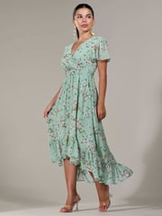 Jolie Moi Green Floral Petite Petite Long Sleeve Soft Silky Jersey Midi Dress - Image 4 of 6