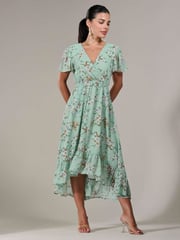 Jolie Moi Green Floral Petite Petite Long Sleeve Soft Silky Jersey Midi Dress - Image 5 of 6
