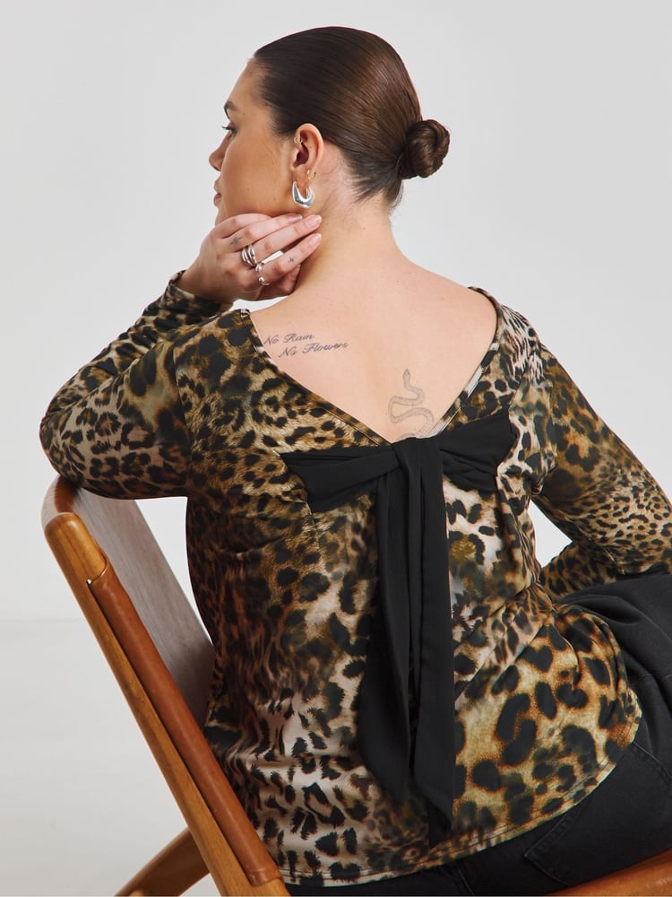 Simply Be Brown Leopard Print Bow Back Top - Image 1 of 4