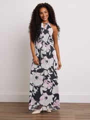 M&Co Black Petite Floral Mesh Halter Maxi Dress - Image 1 of 6