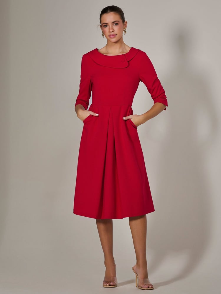 Jolie Moi Red Roll Collar Long Sleeve Midi Dress - Image 1 of 6