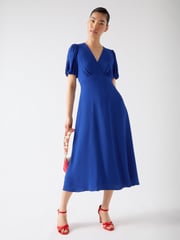 LK Bennett Blue Hermia Mazarine Viscose Petal Sleeve V-Neck Flared Dress - Image 2 of 4