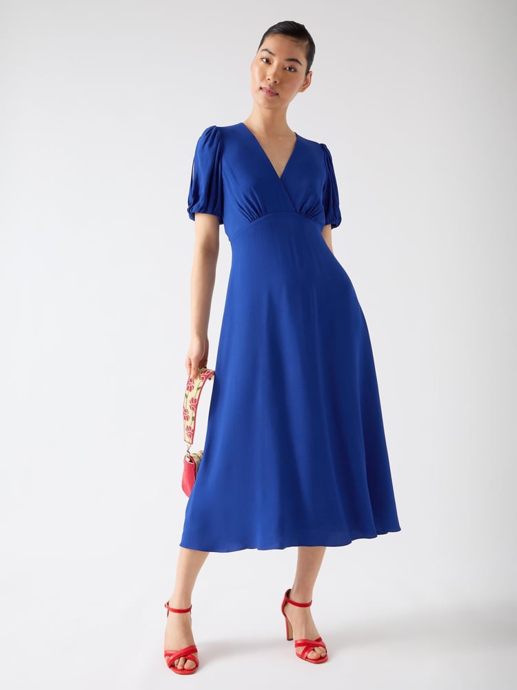 LK Bennett Blue Hermia Mazarine Viscose Petal Sleeve V-Neck Flared Dress - Image 2 of 4