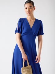 LK Bennett Blue Hermia Mazarine Viscose Petal Sleeve V-Neck Flared Dress - Image 3 of 4